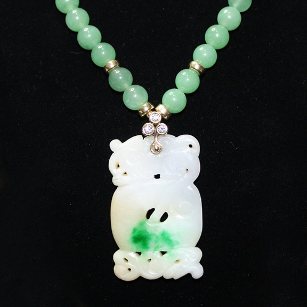 CHINESE 14K DIAMOND JADE PENDANT AND BEADED NECKLACE
